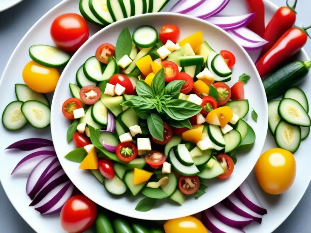 Una ensalada colorida y detallada en plato blanco, con ingredientes frescos en patrón circular