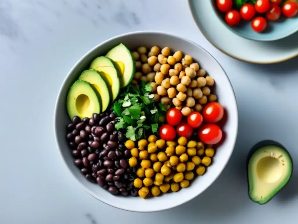 Ensalada colorida de legumbres con verduras frescas y hierbas, ideal para una dieta sostenible