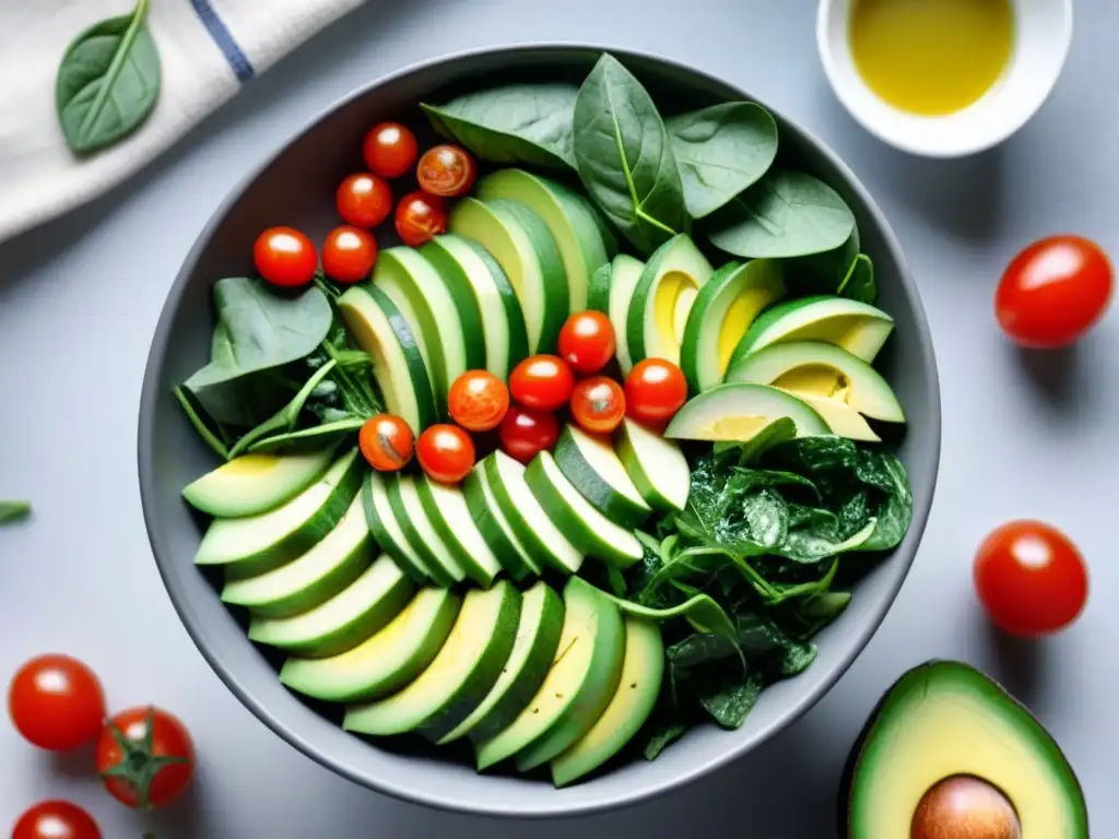 Ensalada detox cruda zero waste con espinacas, pepino, aguacate y tomates cherry