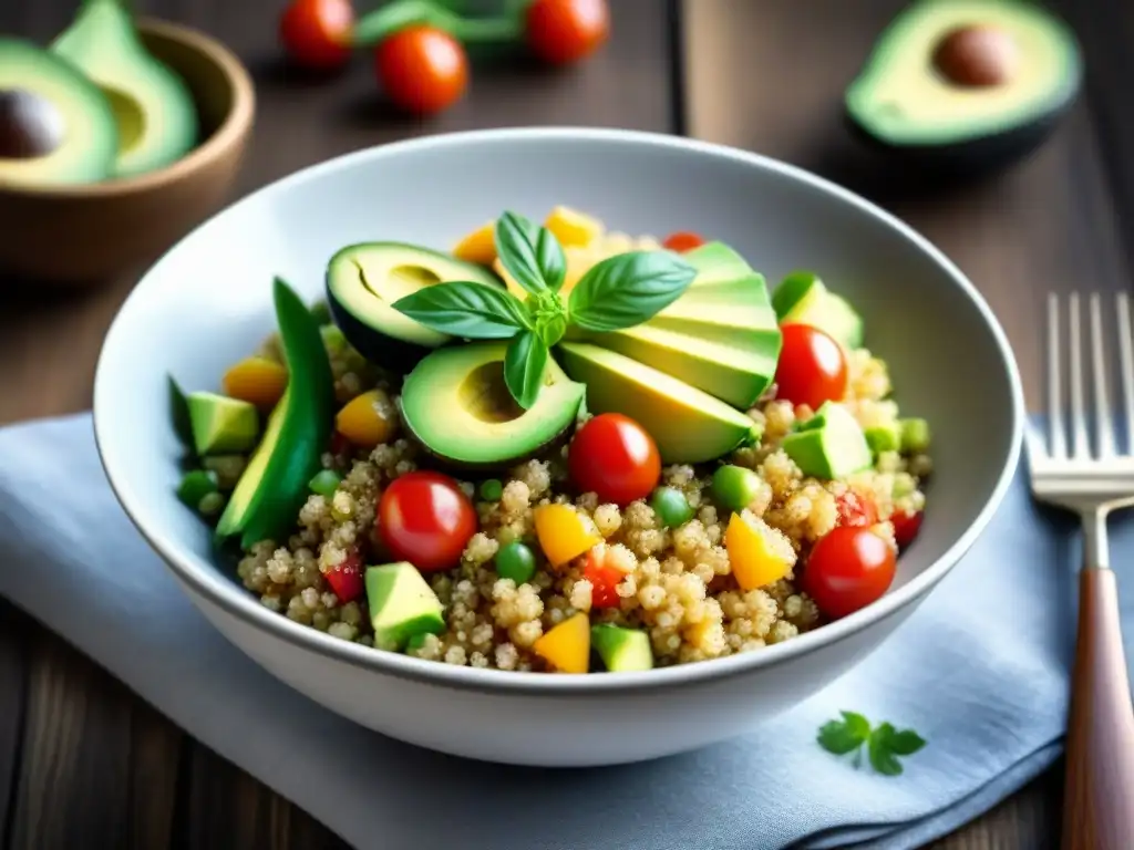 Una ensalada de quinoa sostenible superalimento, colorida y fresca, en un bol moderno sobre una mesa de madera rústica