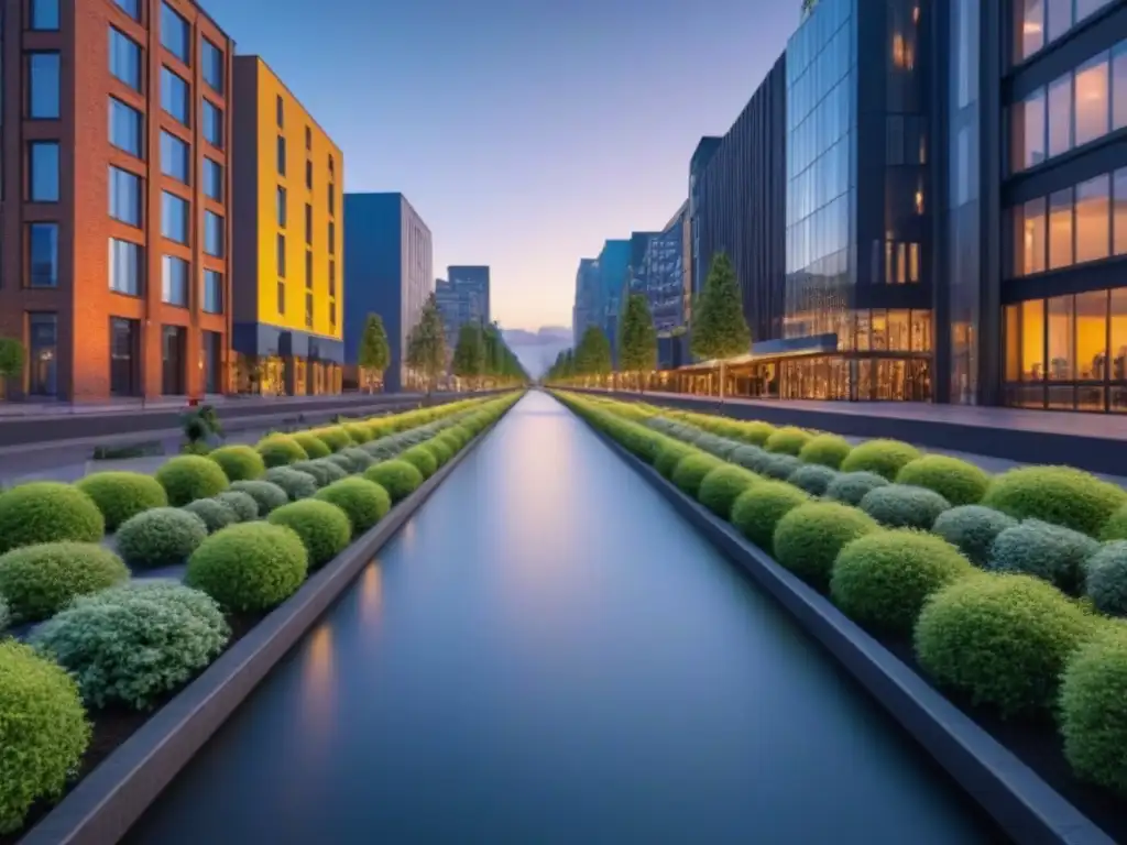 Un entorno urbano sostenible vibrante con modernos edificios, calles peatonales y vegetación exuberante