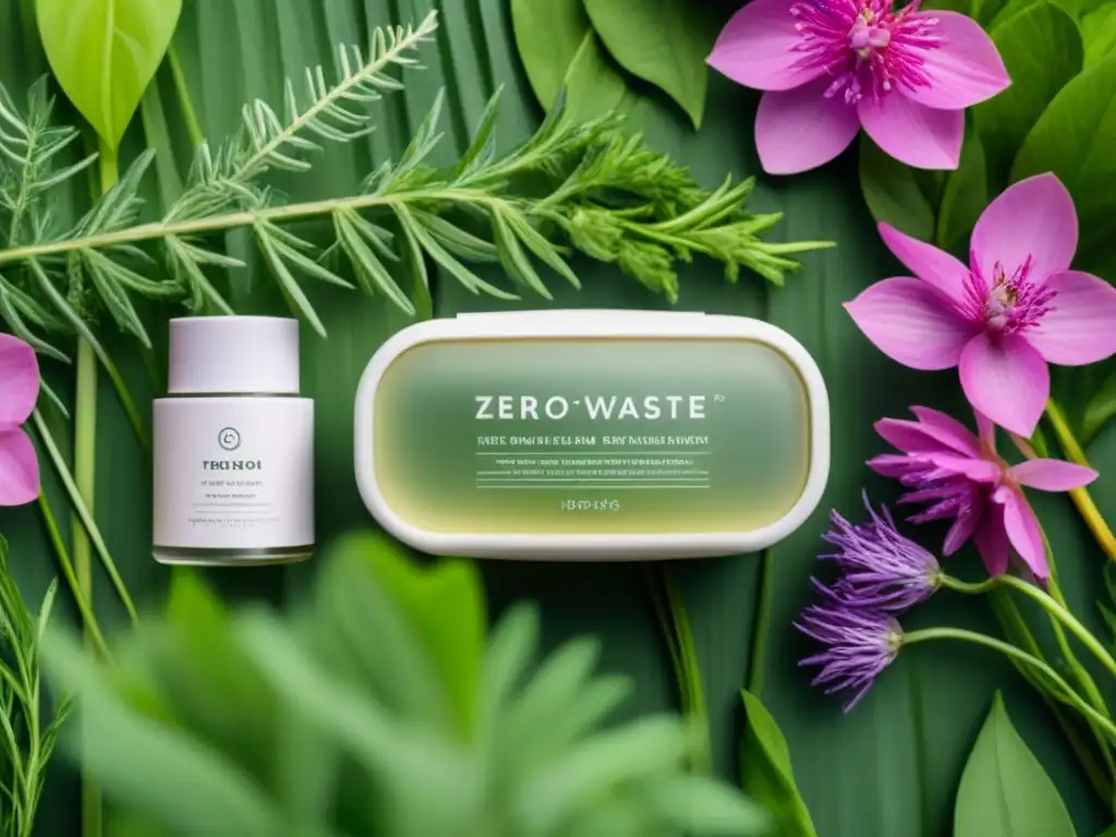 Envase cosmético moderno de materiales reciclados rodeado de ingredientes frescos, simbolizando la transformación hacia cosméticos zero waste