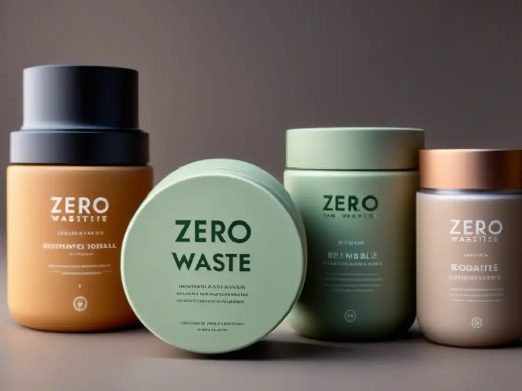 Envase zero waste de cosméticos: diseño minimalista, tonos terrosos, materiales biodegradables y logo elegante