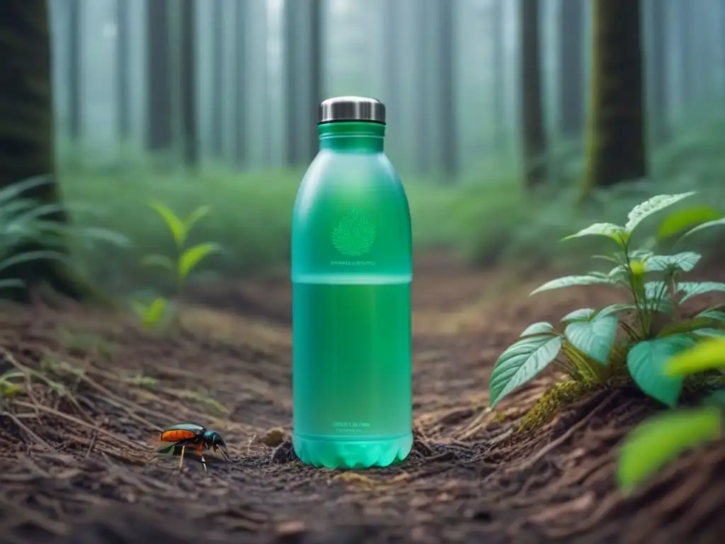 Un envase de plástico biodegradable se descompone lentamente en un bosque exuberante, rodeado de insectos