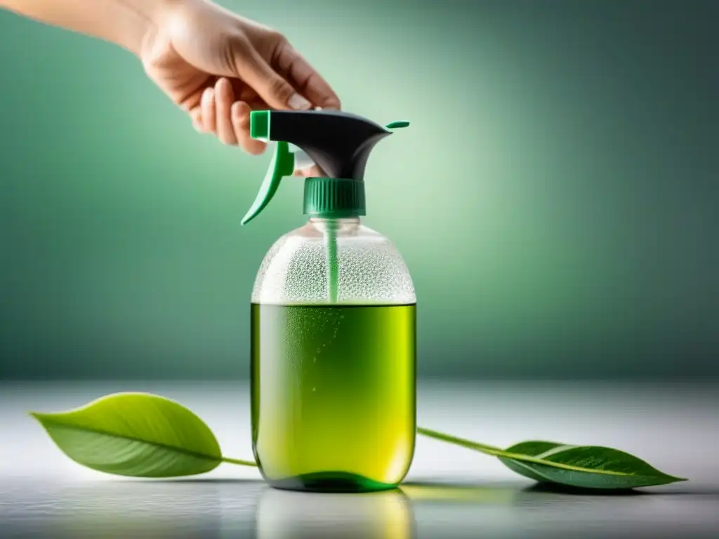 Un envase de spray de vidrio con solución de limpieza ecológica, hojas verdes y gotas, evocando pureza