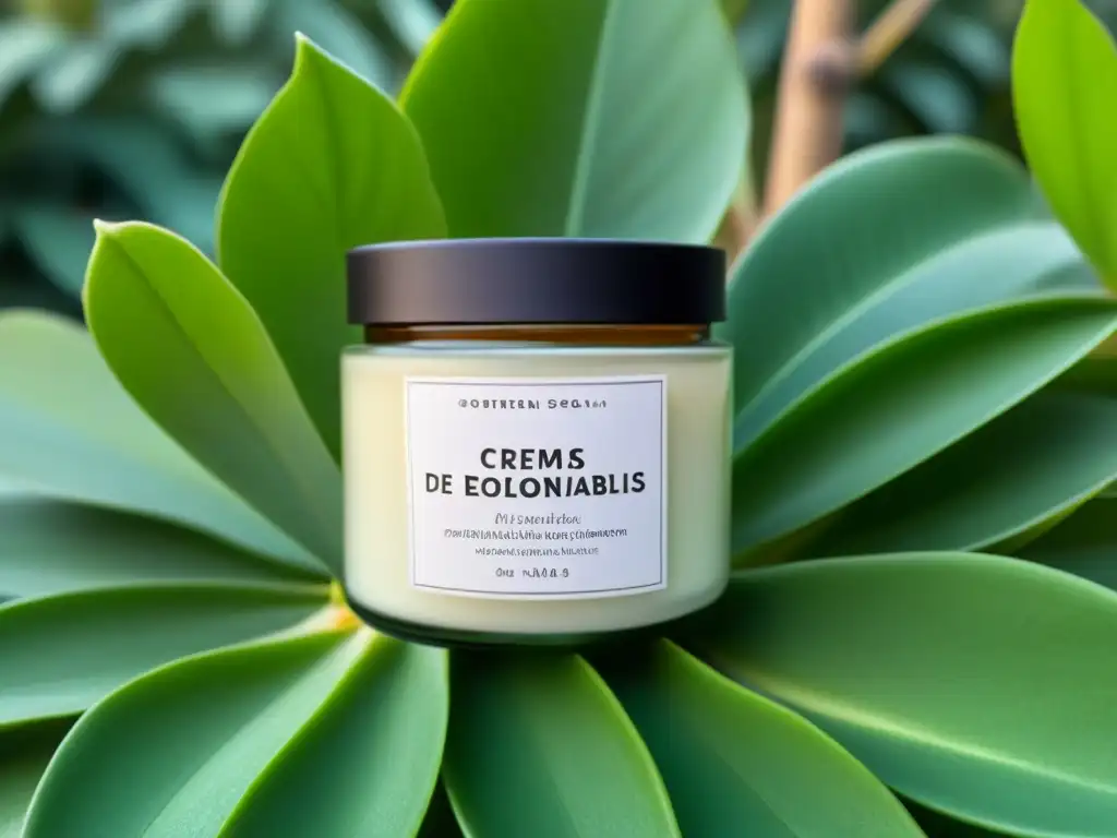 Envase de vidrio lujoso con crema de noche ecológica sobre hojas verdes, resaltando la elegancia y naturalidad del producto