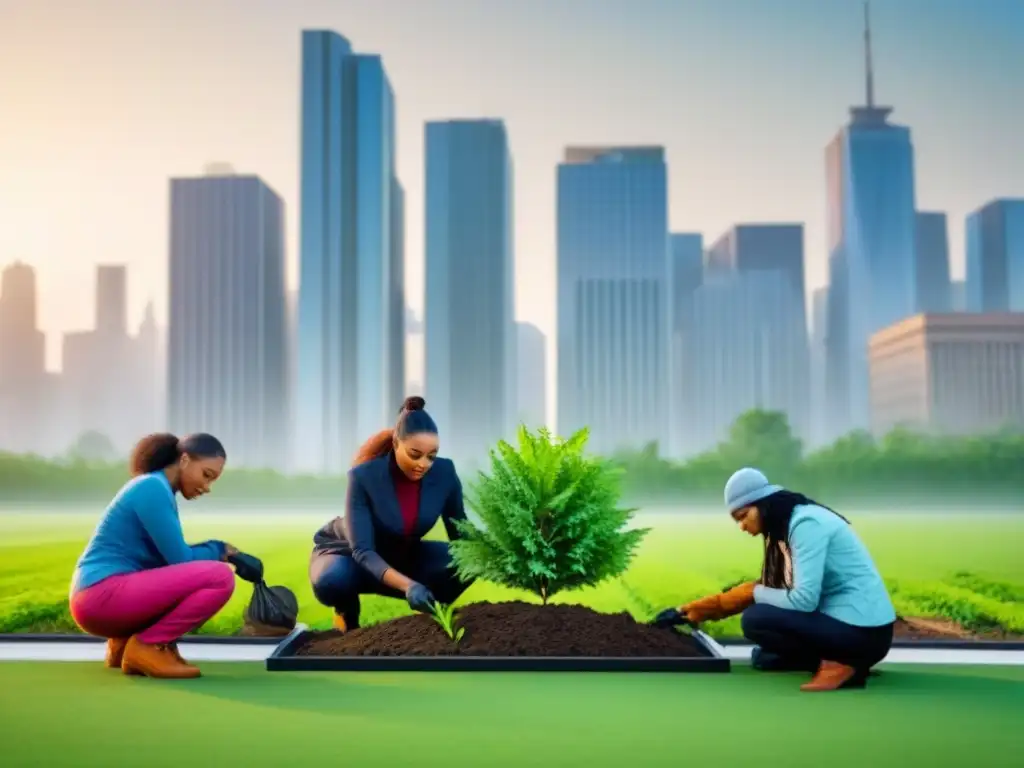 Plantación de árboles en la ciudad: moda sostenible Un equipo diverso planta árboles en una ciudad moderna, fusionando prácticas sostenibles con estilo