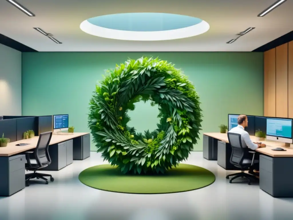 Profesionales colaborando en economía circular Equipo diverso colaborando en economía circular sostenible en oficina moderna con diseño sostenible