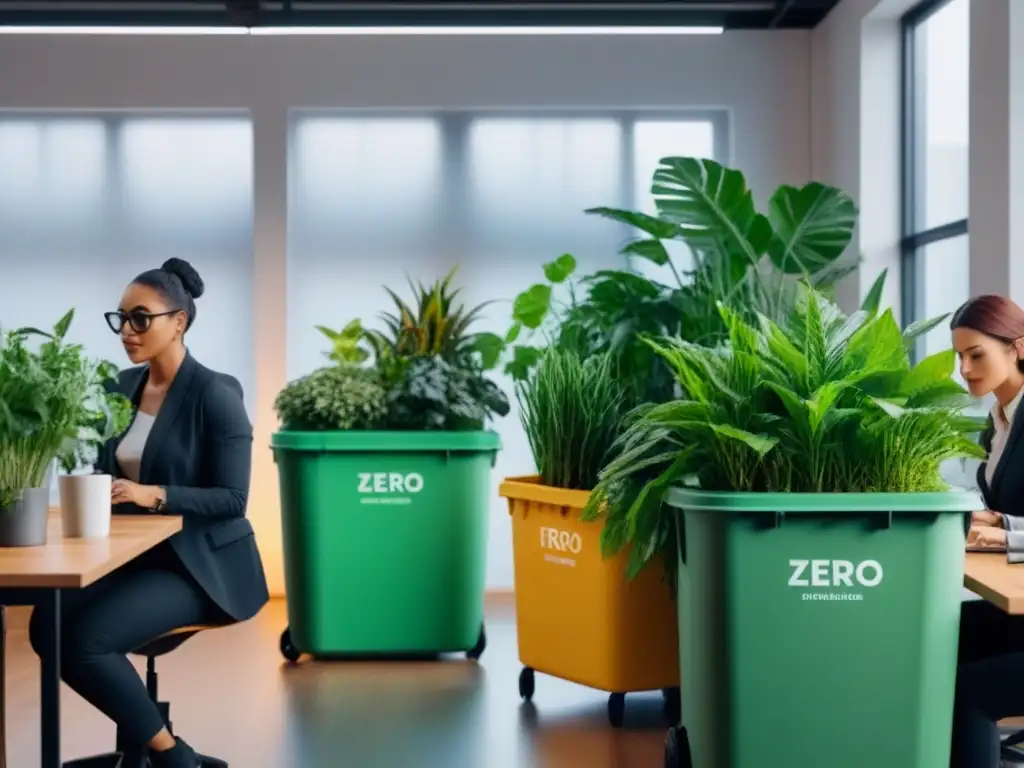 Equipo diverso colaborando en espacio ecofriendly con plantas, reciclaje y diseño sostenible, fomentando financiación colectiva proyectos zero waste