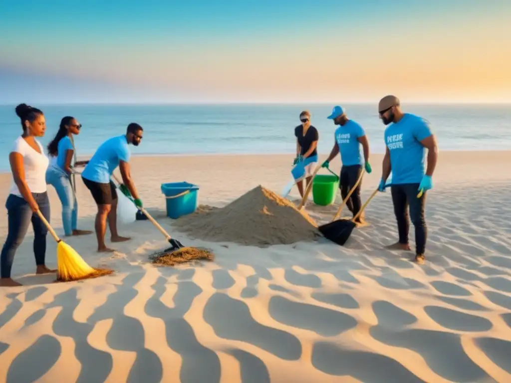 Un equipo diverso limpia la playa al atardecer, simbolizando esfuerzos internacionales de sostenibilidad zero waste