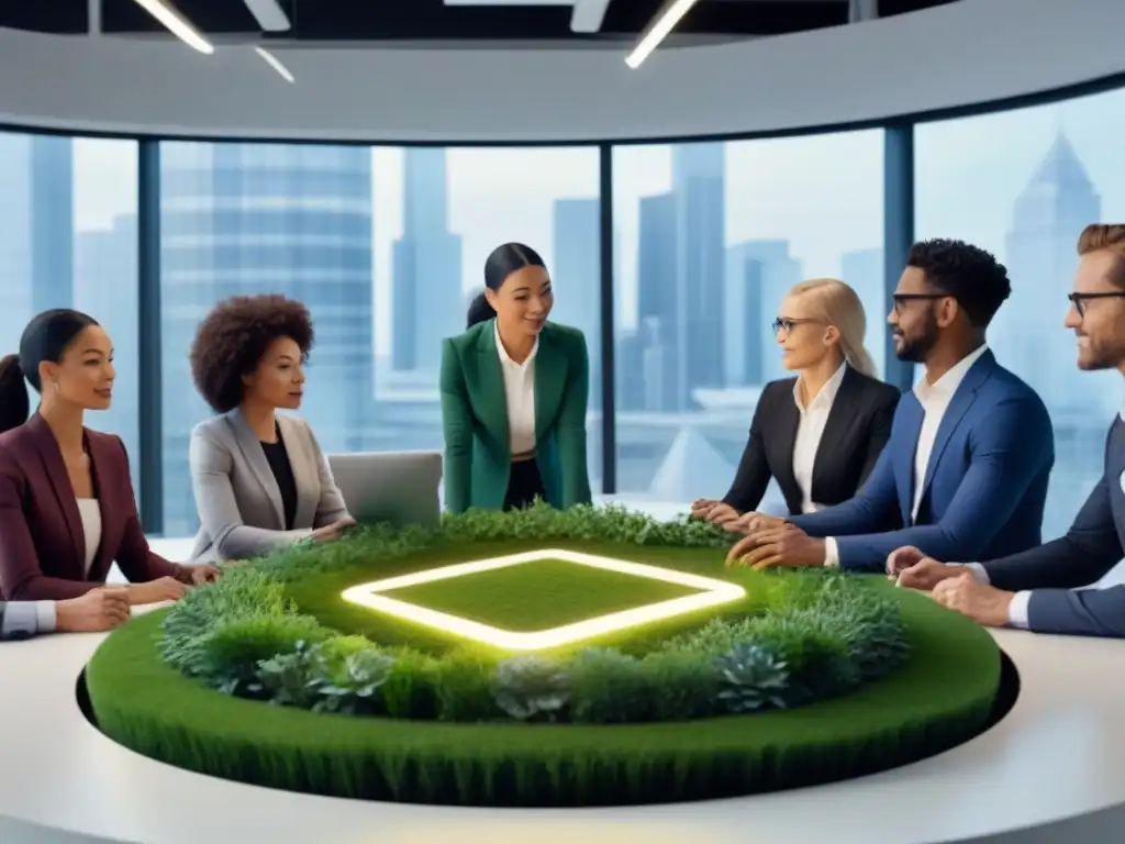 Profesionales diversificados promoviendo la economía circular Un equipo diverso colabora en una oficina moderna para crear un futuro sostenible