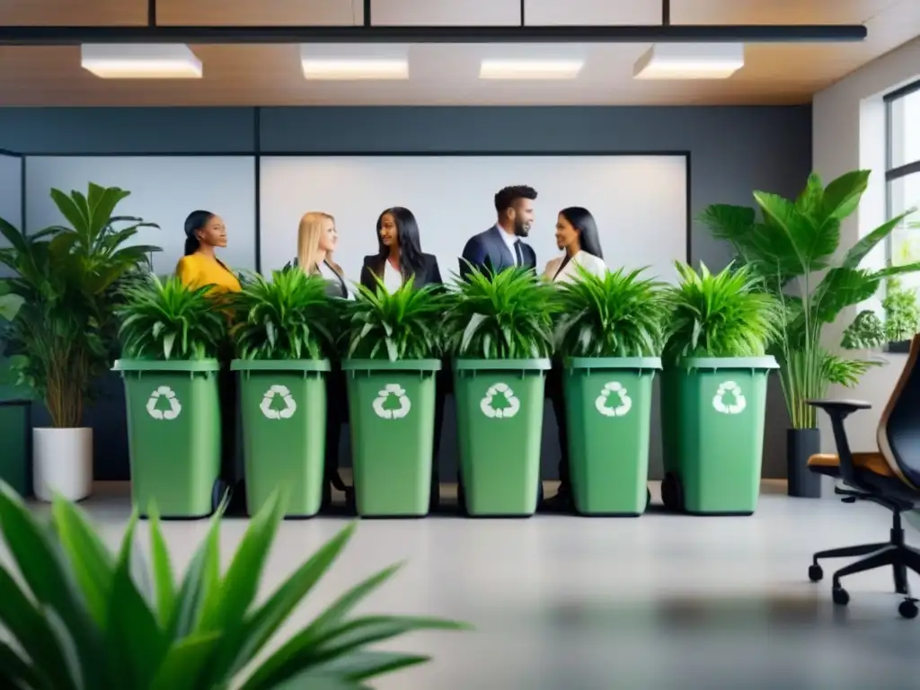 Equipo diverso trabajando en oficina moderna con plantas y contenedores de reciclaje, promoviendo proyectos zero waste