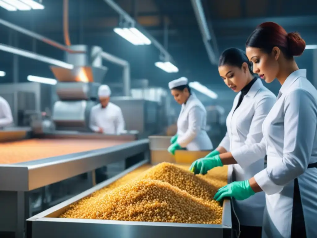 Un equipo diverso en una planta de procesamiento de alimentos, resolviendo problemas juntos para reducir el desperdicio alimentario