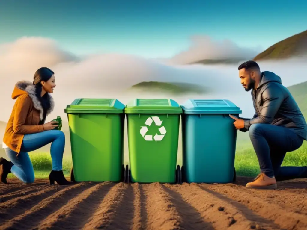 Un equipo diverso colabora en proyecto zero waste con símbolos de reciclaje, compostaje y energías renovables