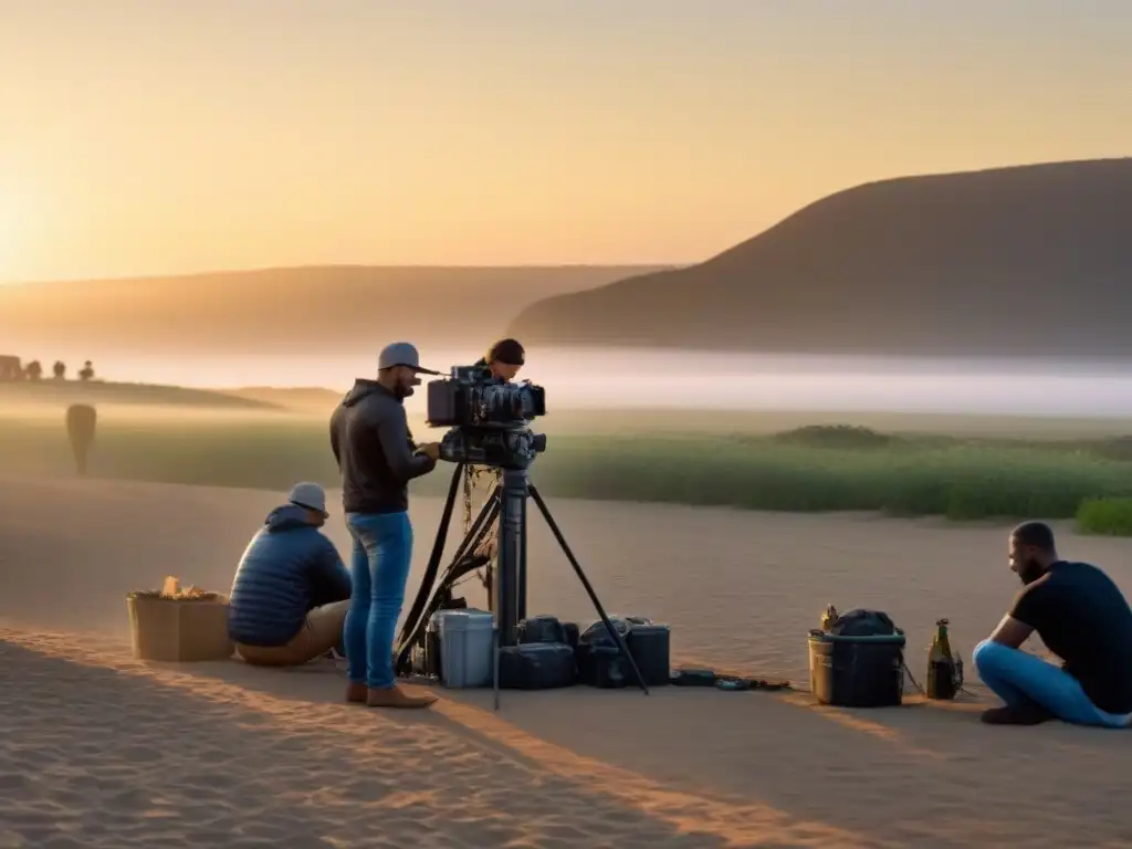 Un equipo diverso trabaja armoniosamente en un set de filmación sostenible al atardecer, destacando prácticas ecofriendly