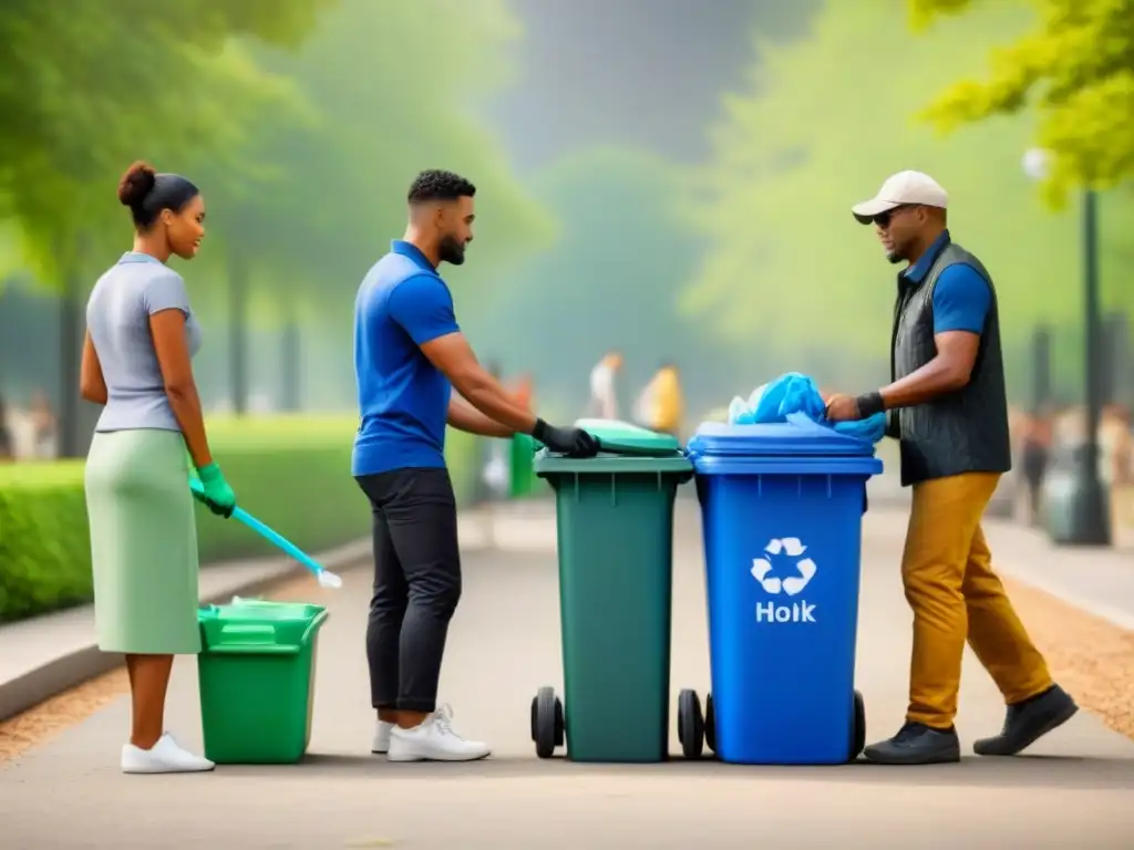 Un equipo diverso y unido limpia un parque, con contenedores de reciclaje