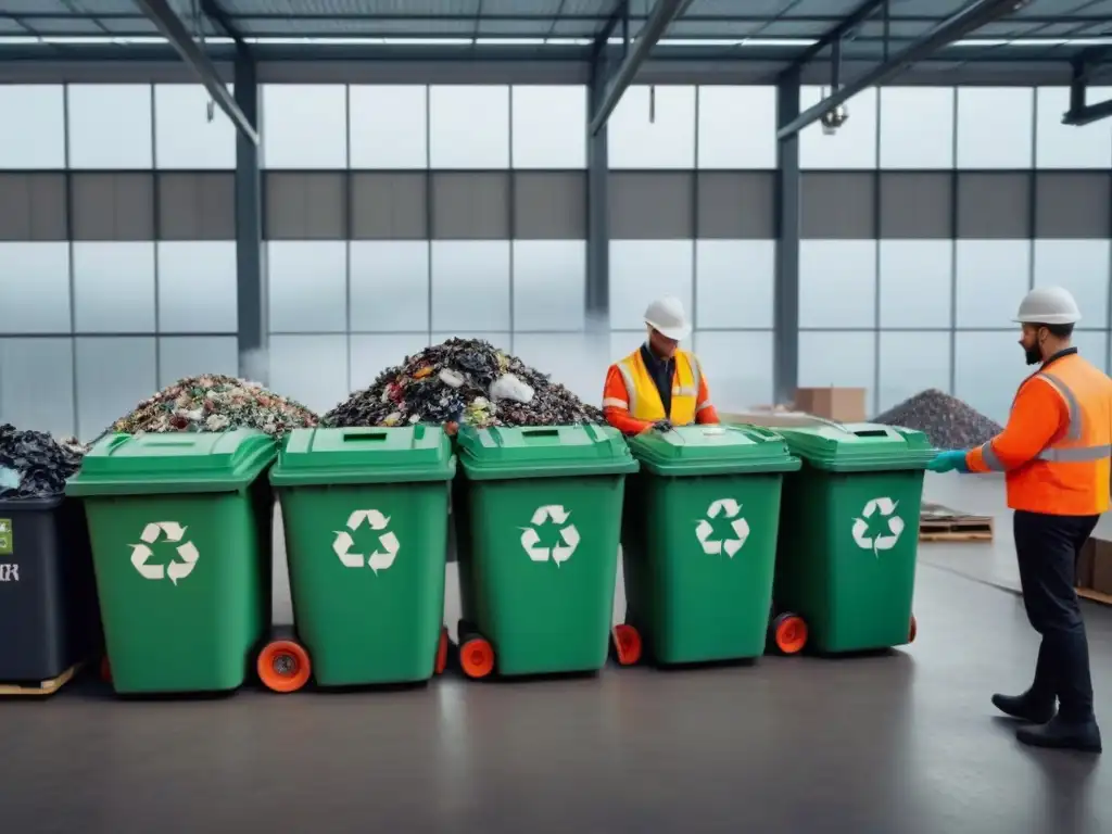 Un equipo diverso trabaja unido en una planta de reciclaje moderna y sostenible