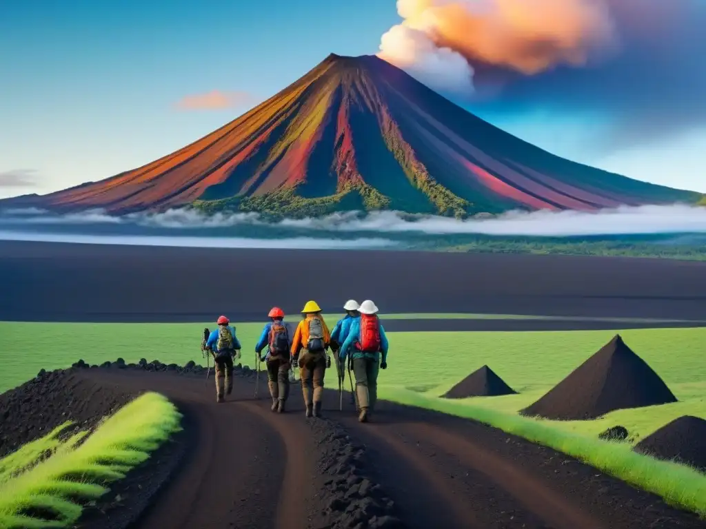 Equipo de exploradores en ruta sostenible por un volcán majestuoso en paisaje verde