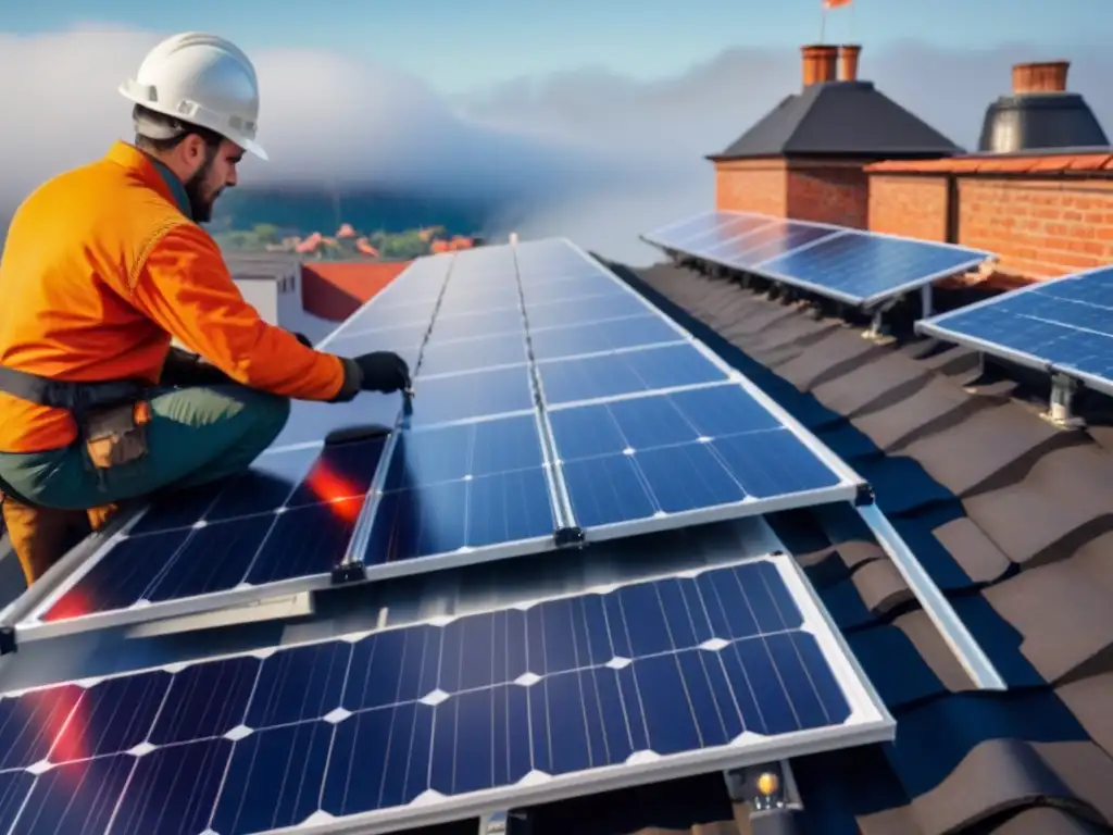 Equipo de ingenieros instalando paneles solares en edificio histórico, cuidando cada detalle