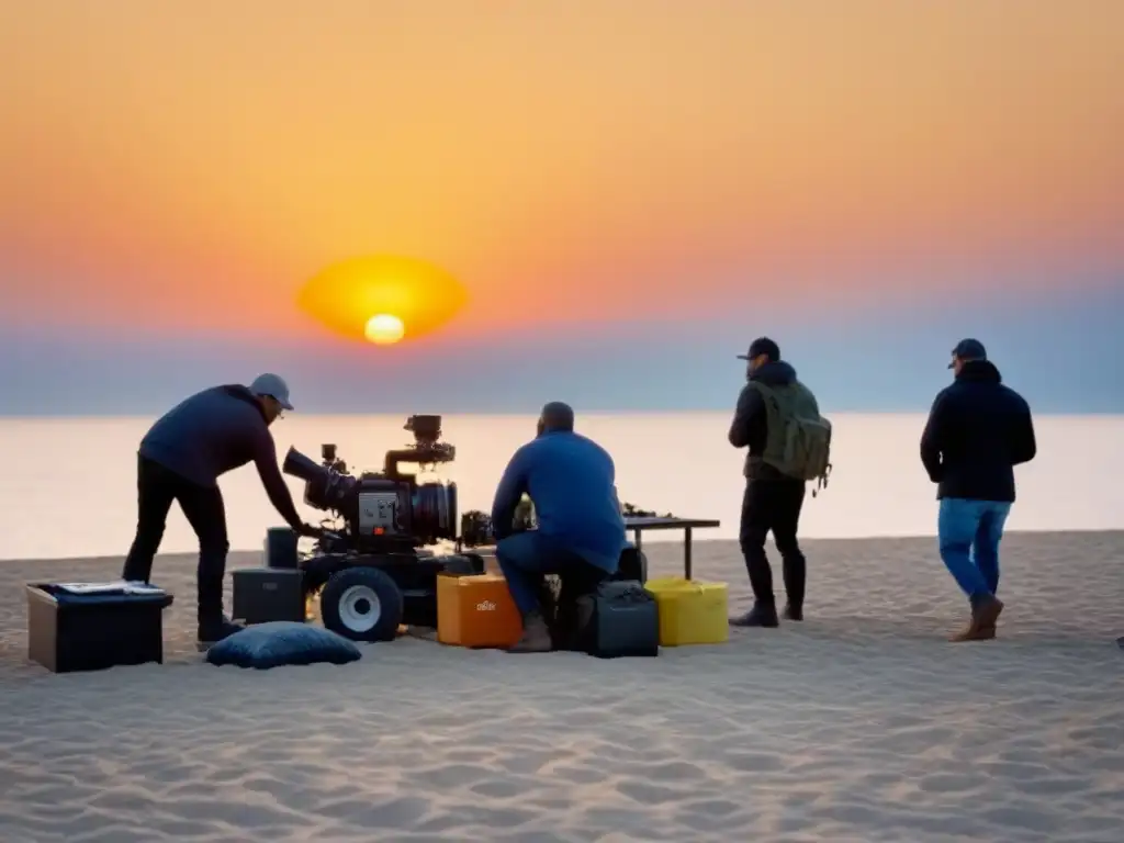 Equipo trabajando juntos al atardecer en un set de filmación, practicando la producción cinematográfica sostenible