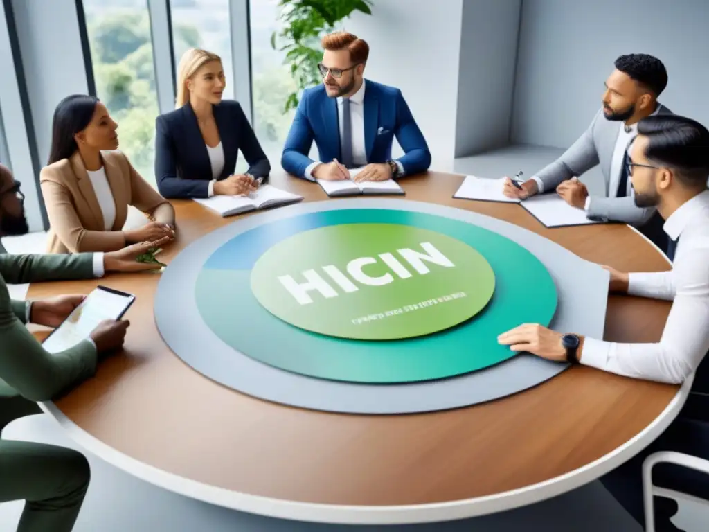 Profesionales colaborando en una economía circular sostenible Equipo de profesionales trabajando en economía circular sostenible en una sala moderna y luminosa