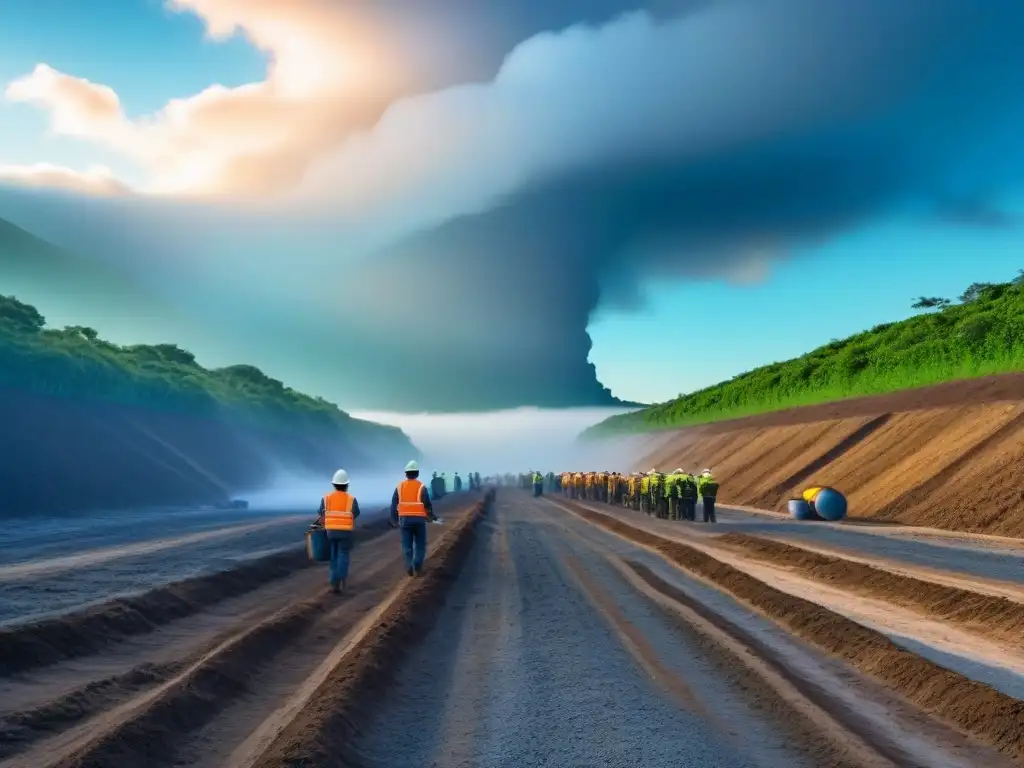 Equipo de trabajadores limpia residuos de construcción en paisaje natural, soluciones cuidando el entorno