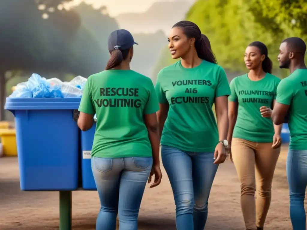 Equipo de voluntarios en reciclaje sostenible clasificando materiales bajo el sol brillante