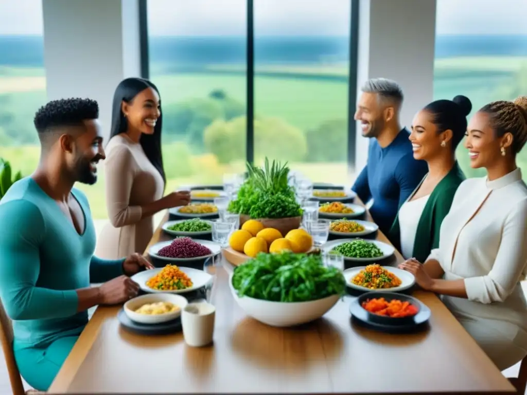 Una escena alegre y diversa de personas compartiendo alimentos sostenibles en un ambiente moderno y ecológico