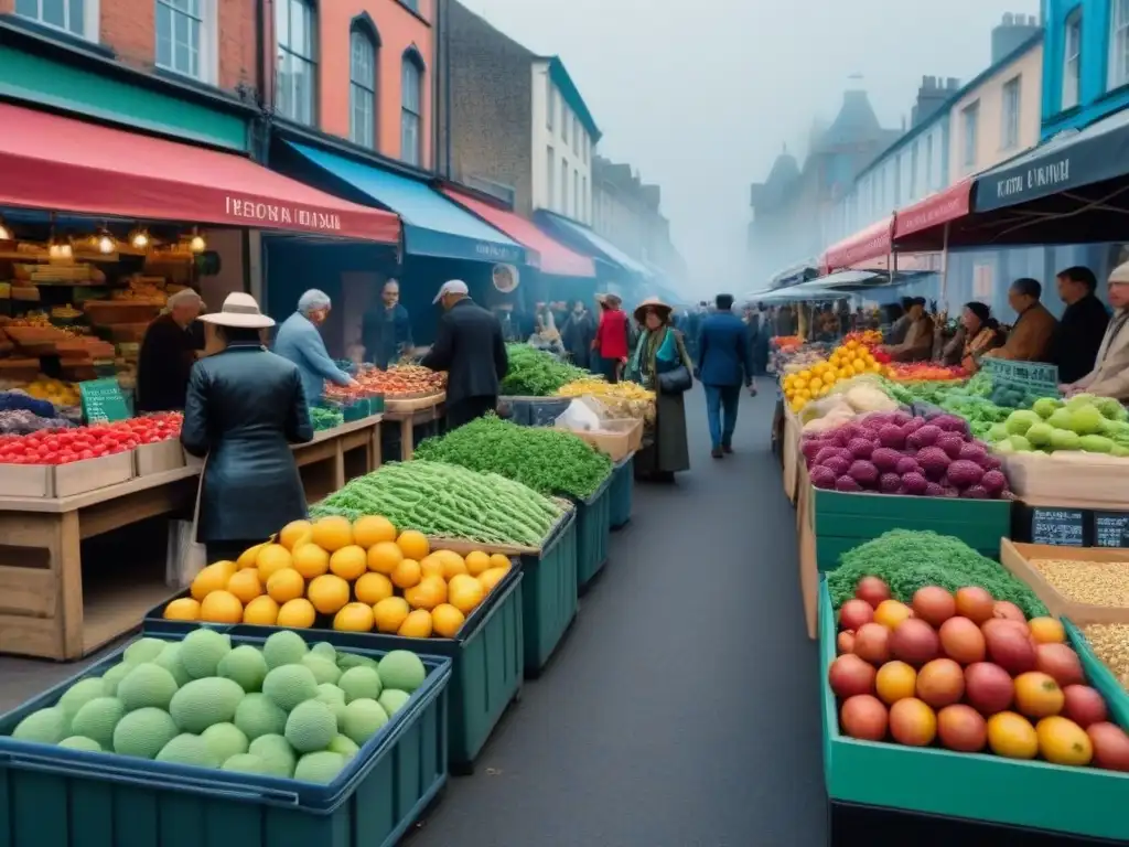 Escena animada en una calle de la ciudad con personas de distintas edades y culturas comprando en un bullicioso mercado de residuo cero