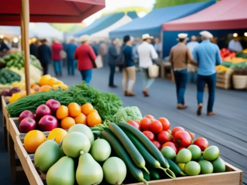 Escena animada de un mercado de agricultores, con productos orgánicos locales bajo el cálido sol