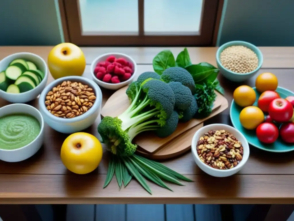 Una escena apetitosa y colorida de una comida vegetal en una mesa de madera con luz natural: Dieta plant based sostenible