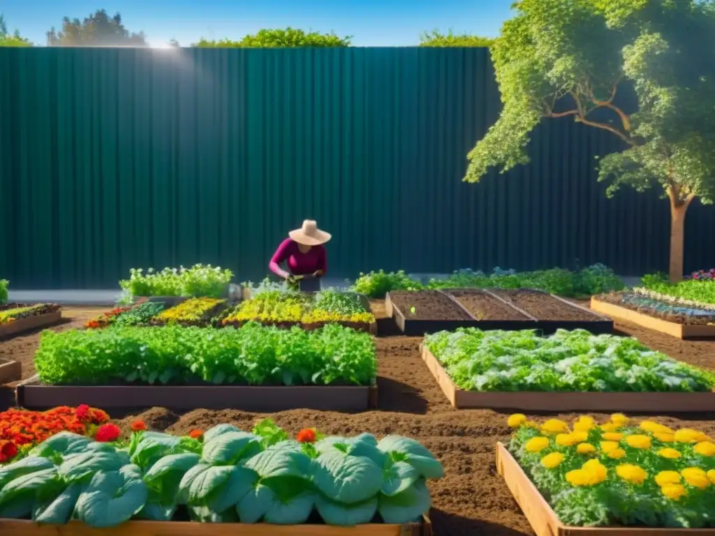 Escena armoniosa de un jardín comunitario vibrante, con diversidad de personas compostando desechos orgánicos