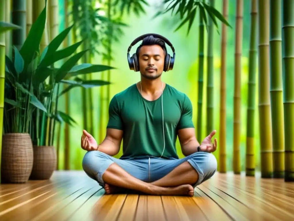 Escena armoniosa de consumo consciente con música sostenible: persona en suelo de bambú rodeada de plantas verdes, escuchando con auriculares de bambú