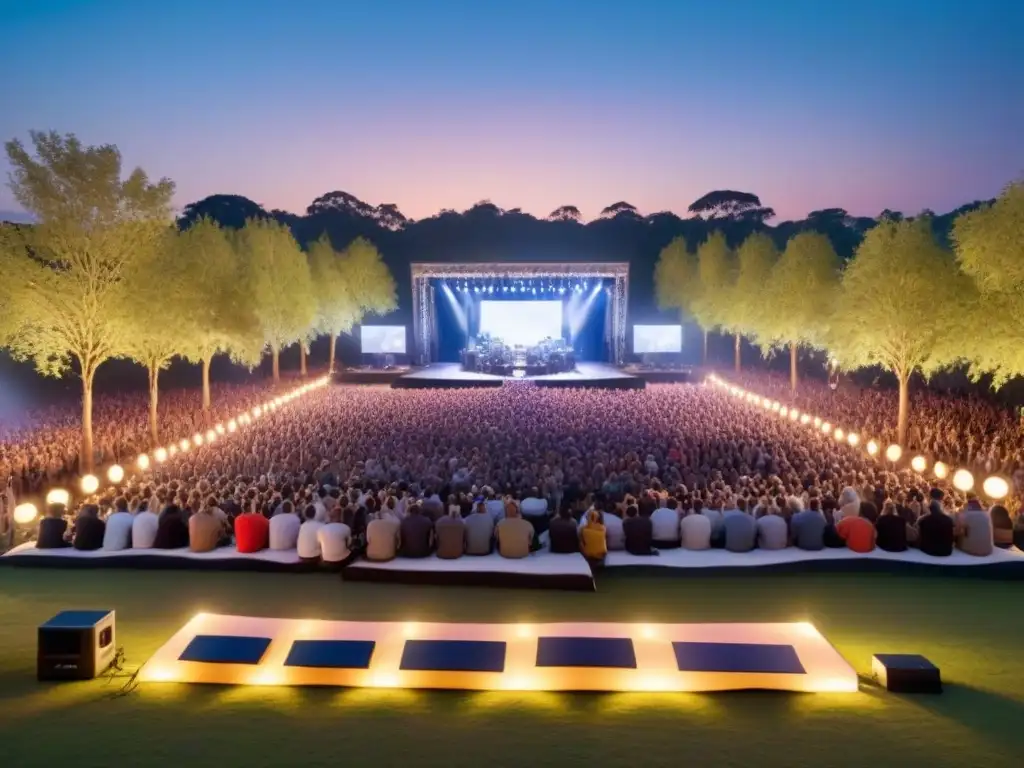 Escena armoniosa en festival al aire libre al atardecer con iluminación LED ecológica, asistentes en mats biodegradables