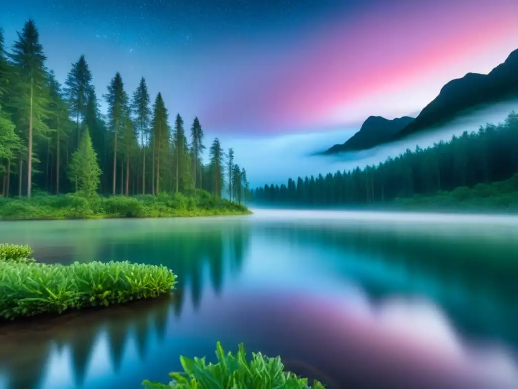 Escena de bosque sereno al atardecer con estrellas brillantes reflejadas en lago, rodeado de vegetación exuberante