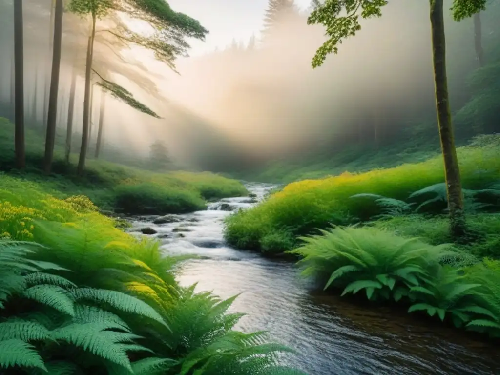 Paisaje forestal sereno al atardecer: luz dorada y naturaleza exuberante Escena de bosque sereno al atardecer, luz dorada filtrándose entre el dosel verde, creando una atmósfera tranquila