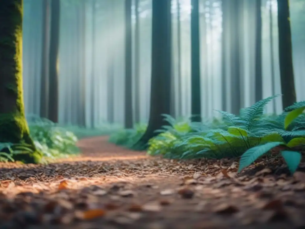 Escena de bosque sereno en tonos suaves y naturales, detallada en 8k, con luz y sombra creando armonía y conexión con la naturaleza