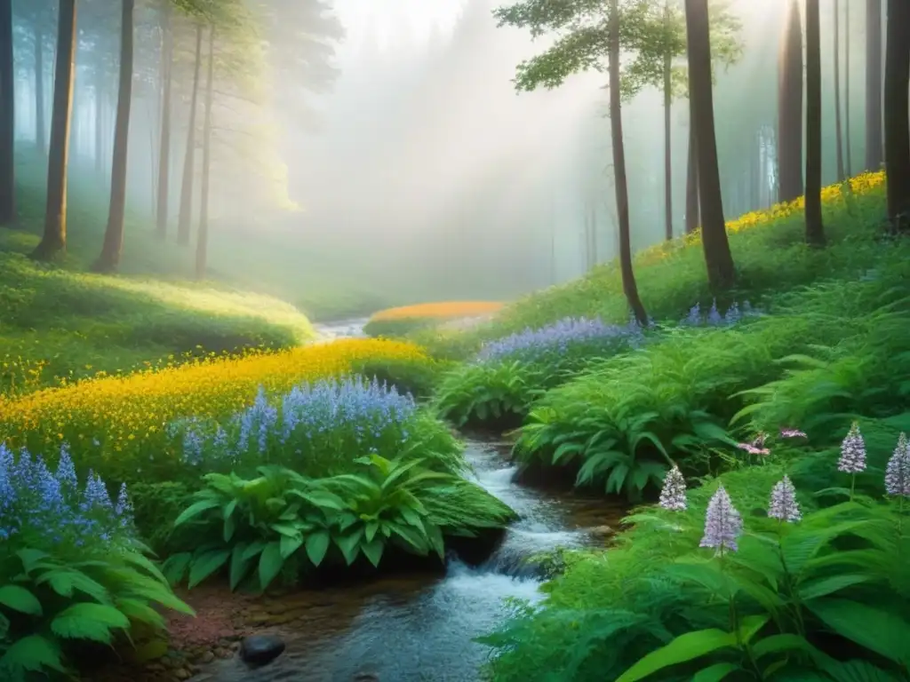 Escena de bosque tranquilo con árboles verdes, arroyo y flores silvestres