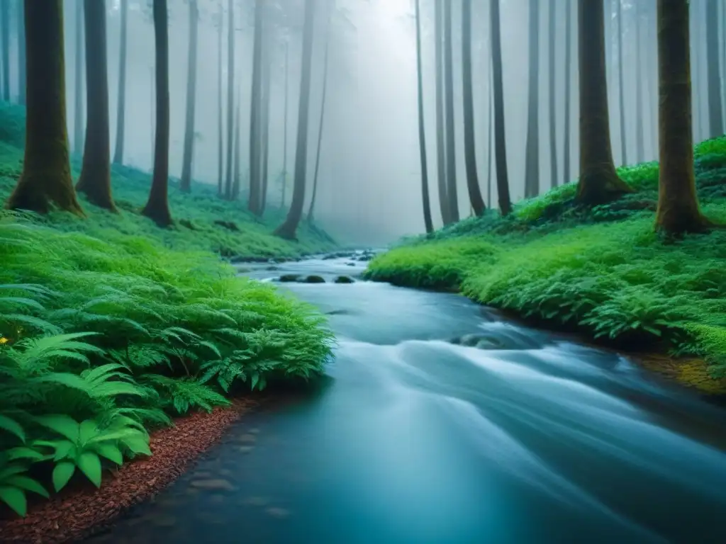 Escena bosque verde con arroyo cristalino y una pila abandonada