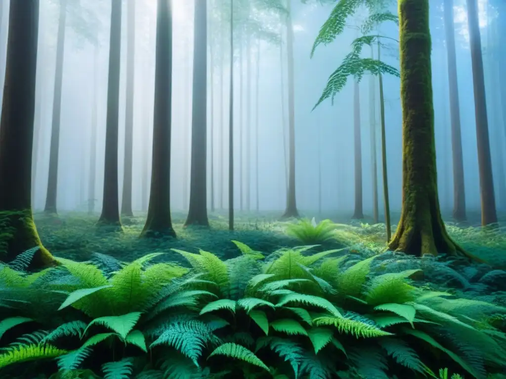 Escena de bosque verde exuberante con árboles altos y hojas en varias tonalidades, transmitiendo tranquilidad y la belleza de la naturaleza