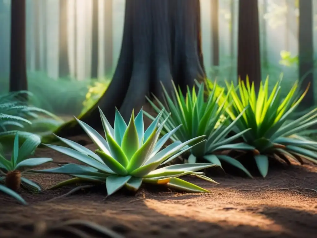 Escena de bosque verde con ingredientes naturales como aloe vera y coco