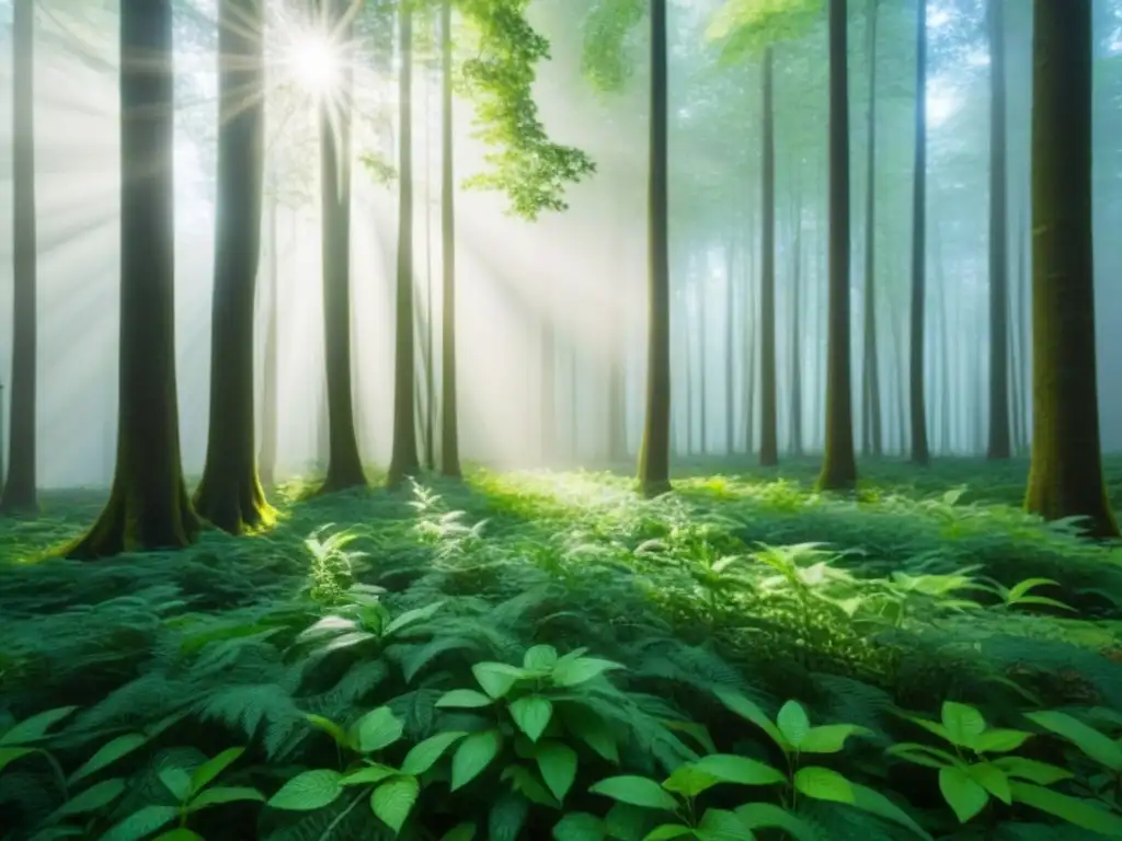 Escena de bosque verde con luz solar entre hojas, creando sombras