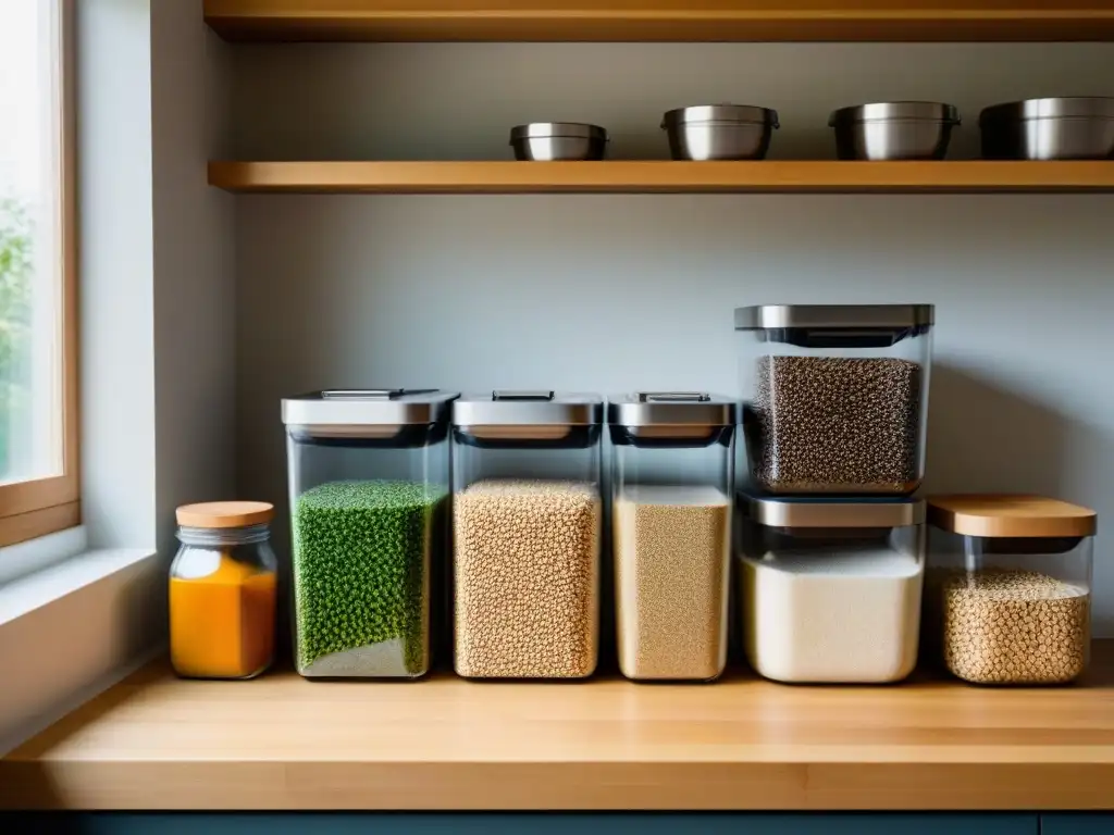 Escena de cocina minimalista en talleres de cocina zero waste, con estantes de despensa organizados y productos a granel en frascos de vidrio