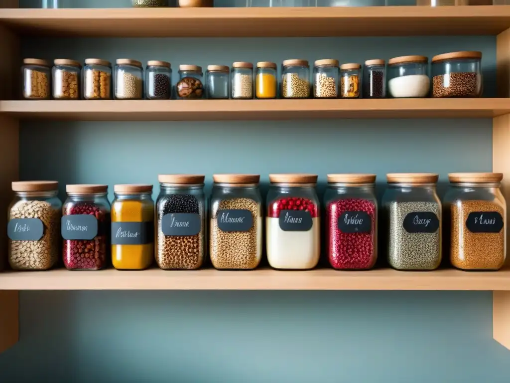 Una escena de cocina minimalista con tarros de vidrio reutilizables llenos de granos, frutos secos y semillas, organizados en estantes de madera