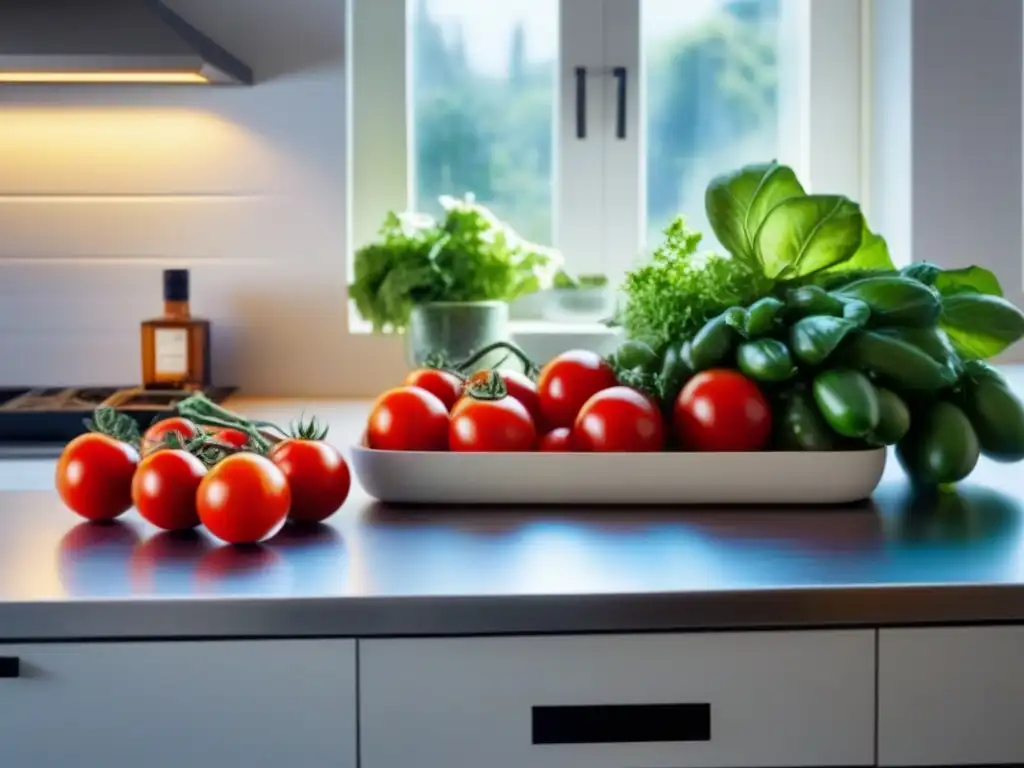 Escena de cocina sostenible con coloridas frutas y verduras frescas