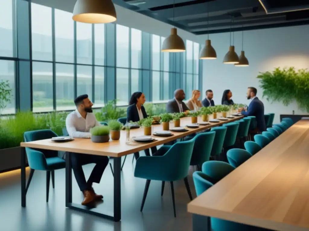 Una escena colaborativa y sostenible en una cafetería corporativa, donde profesionales disfrutan de una comida colorida