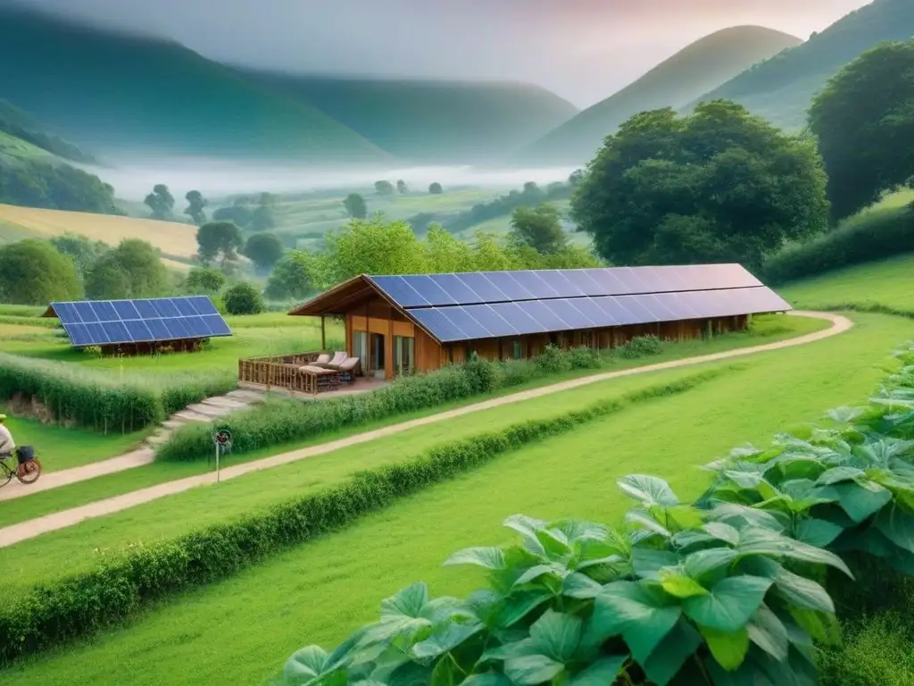 Escena ecoamigable de un ecopueblo sostenible en armonía con la naturaleza, con paneles solares, molinos de viento y personas en bicicleta