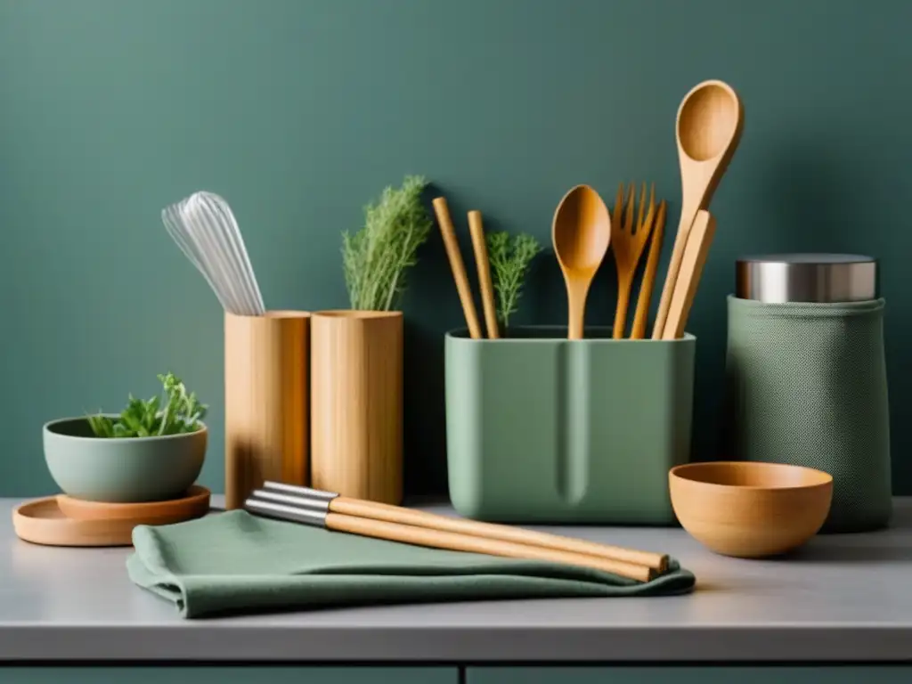 Escena eco-friendly en cocina moderna con utensilios zero waste y alternativas utensilios cocina zero waste