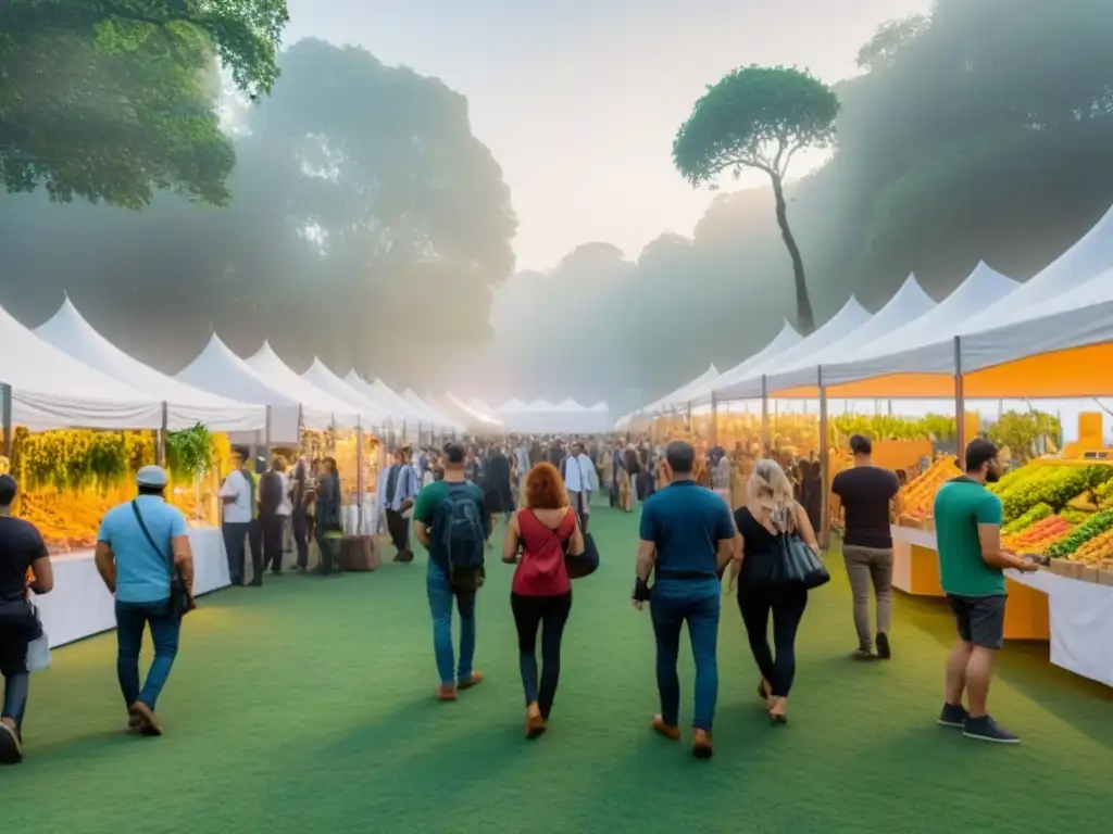 Escena ecofriendly de una feria sostenible con productos orgánicos y embalajes biodegradables, exhibidores solares y letreros ecológicos