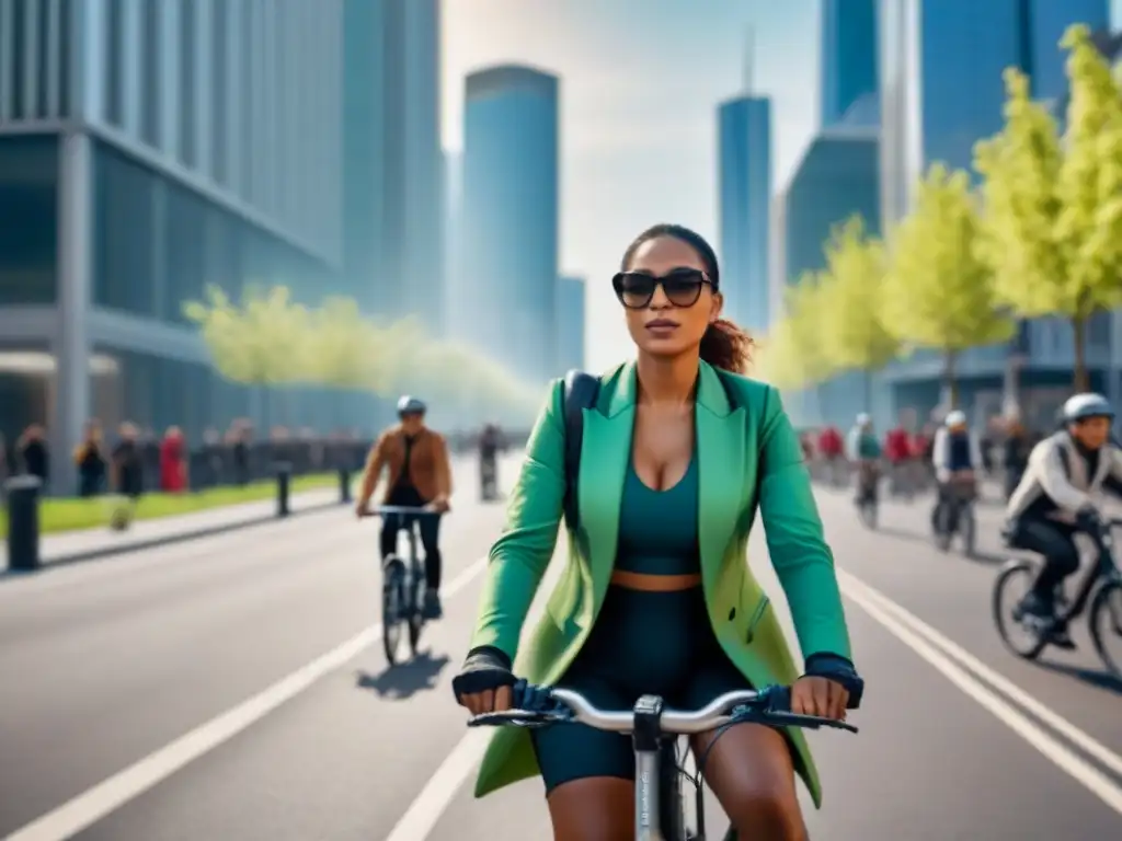 Una escena futurista de inclusión social y movilidad, con personas de diversas edades, géneros y etnias montando bicicletas eléctricas en la ciudad